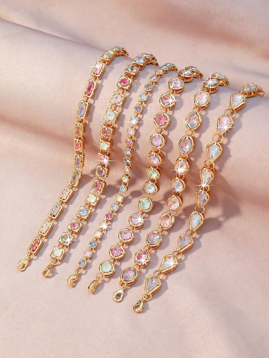 Multicolor Gemstone Bracelet - Rectangle/Round/Teardrop Rhinestone Jewelry, Suitable For Sweet Casual Outfits (Rhinestone Colors Arranged Randomly) - Colorful - View 1