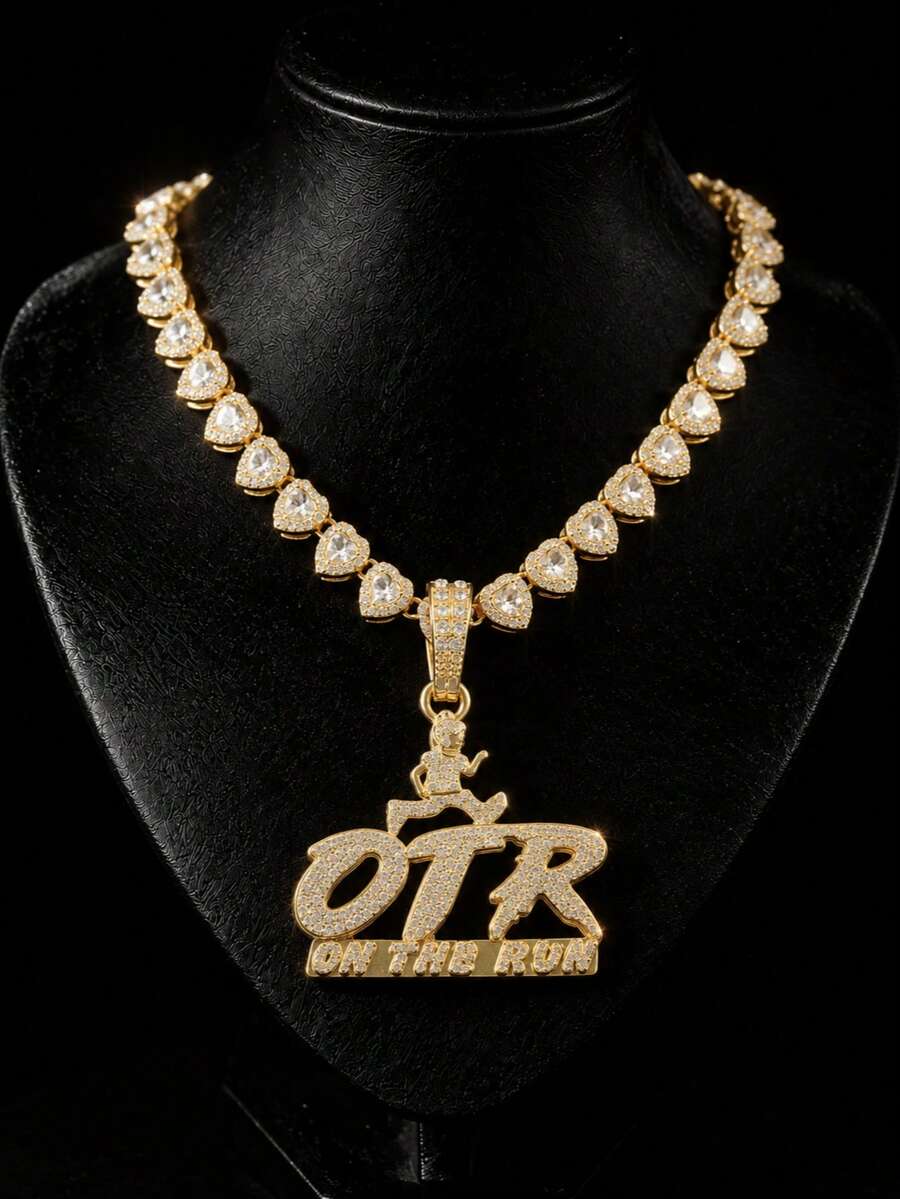 OTR Letter Full Rhinestone Pendant Necklace Heart-Shaped Diamond Chain Men's Hip-Hop Accessory ON THE RUN Street Rap Fashion - OTR Pendant Necklace - View 1