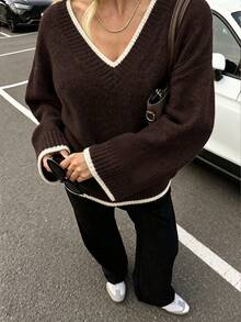 Women's Autumn/Winter Elegant Colorblock Pullover Long Sleeve Sweater - Dark Coffee - View 7