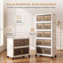 2/5-Tier PP Storage Cabinet 102x40x23cm, Stackable Mobile Cupboard With Transparent Doors & Wheels, Dustproof Moisture-Proof For Home - Beige - View 5
