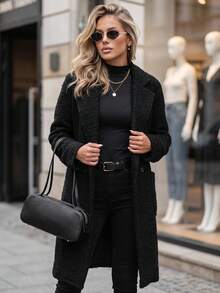 Women's Double-Breasted Teddy Coat With Lapels And Patch Pockets - Black - View 3
