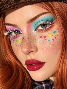 6pcs Holographic Sequin Freckle Stickers, Heart-Shaped Freckle Temporary Tattoo Stickers, Waterproof Glitter Temporary Tattoos, Shiny Star, Heart, Dot Pattern, Adult Party Holiday Daily Makeup Accessory - Multicolor - View 7