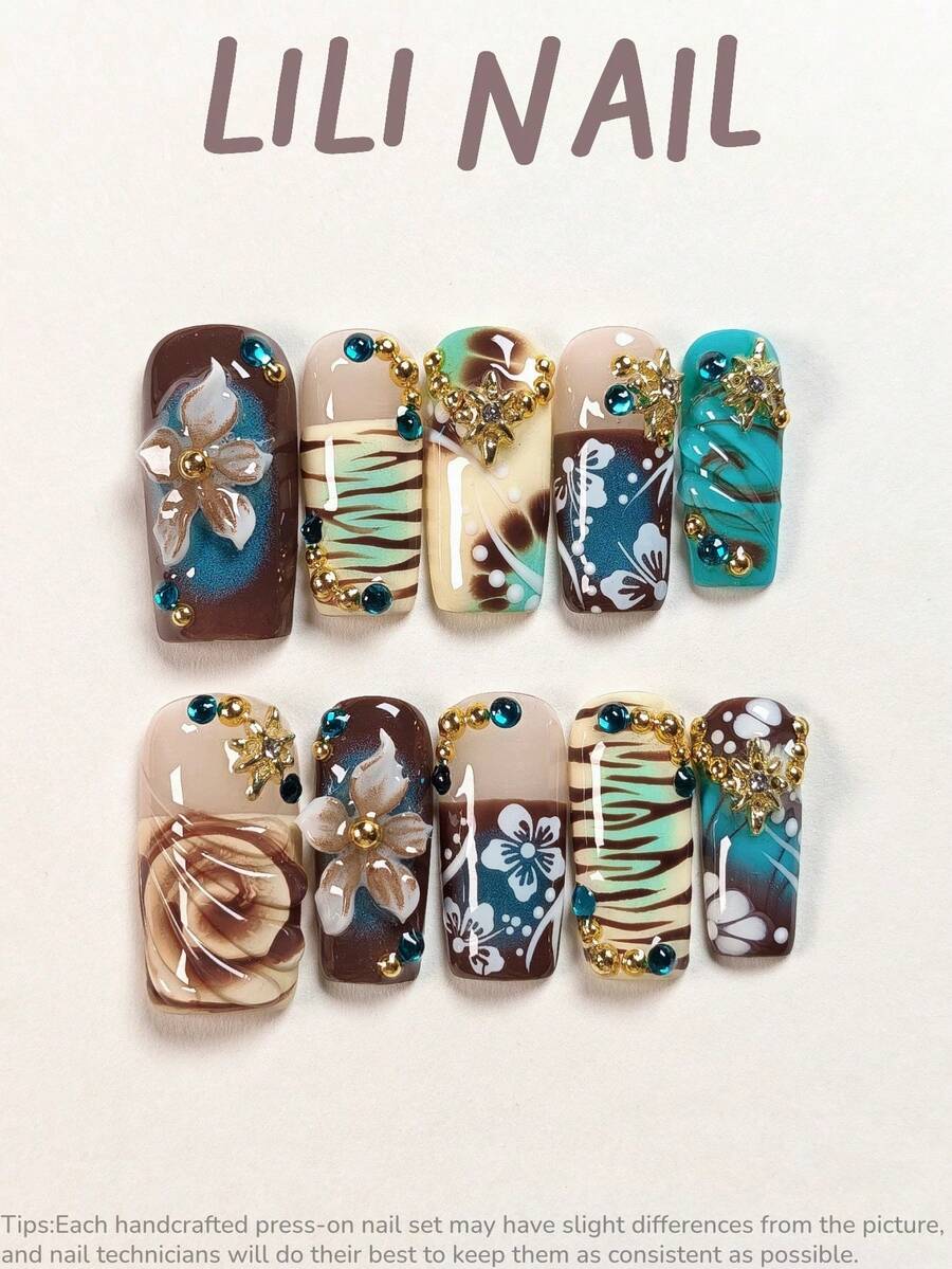10 Pcs Handmade Press On Nails,Square Nails,Brown Nails,Blue Nails,3D Gel,Leopard Nails,Floral Nail,Rhinestone Nails,Hand Painted,Fall Press On Nails,Cute Nails,Nail Supplies,Reusable Nail Set With Nail Tools - Follow Your Heart - View 1