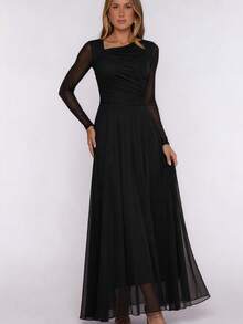Elegant Black Asymmetric Neck Sheer Mesh Long Sleeve Maxi Dress, Ruched Waist Flowy Formal Gown For Fall Wedding Guest, Thanksgiving, Halloweenr Party - Black - View 9