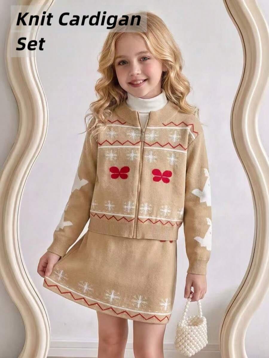 2pcs/Set Girls Cute Butterfly & Rabbit Pattern Stand Collar Long Sleeve Knitted Cardigan And Snowflake Geometric Pattern Knitted Skirt, Suitable For Daily Casual Wear In Spring, Autumn And Winter - Khaki - View 1
