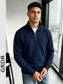 GRDR Men's Casual Long Sleeve Half-Zip Sweater, Versatile Everyday Wear Knitwear - Navy Blue - View 11