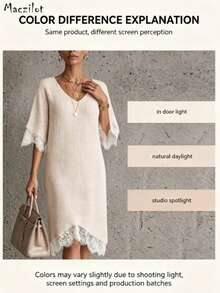 Plus Size Women Fall Winter 5/4 Sleeve Knit Midi Dress, V Neck Lace Splicing Elegant Loose Sweater Dress For Commute & Date - Baby Pink - View 11