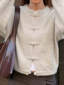 Women's Casual Elegant Vintage Button Design Knitted Cardigan Sweater, Suitable For Office Work And Daily Wear - Apricot - View 6