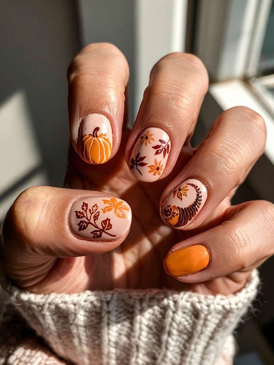 24pcs Cute Square Press On Fake Nails Brown And Orange Short Nail Leaves And Pumpkin Nails Autumn Nails - Multicolor - View 1