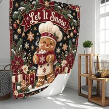 1pc/4pcs Chef Gingerbread Man Pattern Multi-Function Bathroom Decor Shower Curtain Set, Free 12 Hooks, Premium Holiday Atmosphere, Bathroom Mat, U-Shaped Floor Mat And Round Toilet Lid Cover, Suitable For All Occasions Decoration, Bathroom Set - Chef Gingerbread Man - View 2