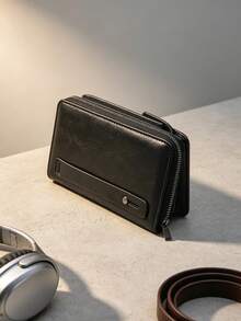 1pc PU New Men's Long Wallet, Multi-Card Slots, Zipper, Snap Button, Vintage, Large Capacity Phone Multifunctional Clutch Bag, Cards, Cash, Coins Can Be Organized And Stored, Classic Low-Key Appearance Suitable For Commuting, Business Travel And Other Scenarios, Durable And Practical For Men's Daily Use - Black - View 8