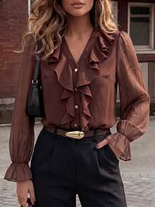 Blus Lengan Panjang Berkerut Elegan Gaya Prancis, Potongan Longgar, Atasan Serbaguna dan Elegan untuk Musim Gugur - Coffee Brown - View 3