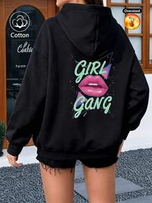 Women's Oversized Thick Hoodie With Colorful Lips & 'Gang' Print, Black Long Sleeve Pullover - Black - View 10