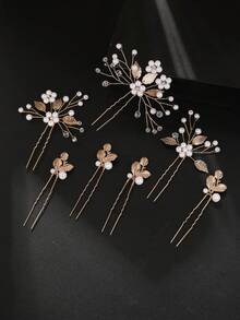 7pcs/Set Bridal Hair Pin Set, European & American Style Handmade White Pearl Alloy Leaf Flower Hair Sticks, Wedding Dress Accessories - Gold - View 8