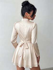 Women's Solid Color Woven Satin Double Layer A-Line Ruched Sexy Elegant Elegant Vacation Christmas Party Commute Autumn/Winter Long Sleeve Dress - Apricot - View 4