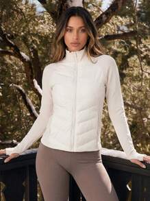 Never me Women's Goose Down Down Jacket With Full Zip, Quilted Patchwork, Ribbed Cuffs With Thumbholes, Slim Fit Winter Sports Coat - Apricot - View 7