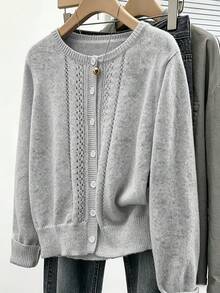 Plus Size Women's Elegant Solid Color Knit Cardigan With Buttons, Casual Slouchy Comfortable Thin Knit Sweater Jacket For Autumn/Winter, Suitable For Outings, Versatile Top - Grey - View 2