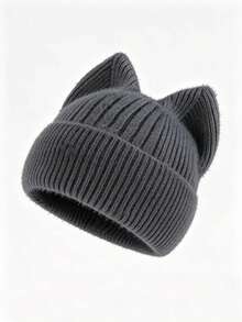 Pc Women Cute Cat Ear Knit Beanie Hat, Soft Plush Ribbed Cuffed Beanie, Solid Warm Winter Hat For Daily Wear - Cat Ear Knitted Hat - View 11