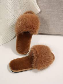 Spring Autumn Winter New Women's Faux Fur Open Toe Slippers, Fluffy Soft Plush Flat One-Strap Slides, Comfortable Warm Indoor Home Slippers - Brown - View 4