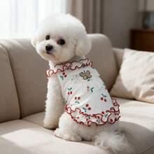 1 chiếc áo tank top sát nách cho thú cưng in họa tiết anh đào dễ thương, trang trí nơ lưới và bướm, viền bèo nhún, vải gân mềm, áo vest mùa hè cho chó mèo nhỏ - trắng - Xem 7