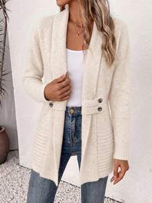 Autumn And Winter Women's Plus-Size Casual Double-Breasted Shawl-Collar Cardigan, Elegant Solid-Color Soft Knit Sweater Jacket For Women. - Apricot - View 4