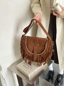 Faux Suede Tassel Bag Vintage Brown Retro Versatile Bohemian Crossbody Bag - Brown - View 7