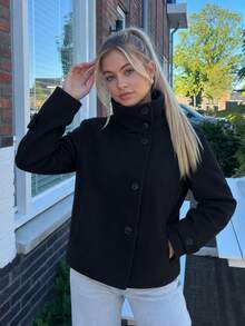 Women's Autumn/Winter Elegant High-End Stand Collar Button-Up Short Overcoat, Commuter Minimalist Loose Versatile Thick Wool Blend Jacket - Dark Grey - View 4