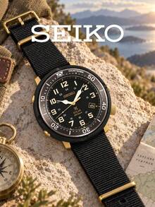 Men's SEIKO Prospex Solar Watch, Black Nylon NATO Strap, Matte Black Case, Countdown Bezel 200M Water Resistant Outdoor Field Solar Powered Wristwatch - Black - View 6