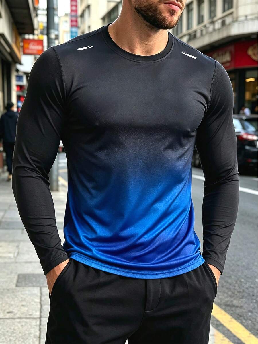Men's Gradient Long Sleeve Sports T-Shirt Running Top - Blue - View 1