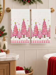 2pcs Set Christmas Kitchen Towels, Pink Watercolor Hand-Painted Christmas Tree, Yellow Star String Lights, Pink Plaid Winter Snowflake, Sweet Girly Style, Pastel Holiday Home Decor, Absorbent Hand Towels - Multicolor - View 6