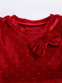 Girls' Christmas Plush Solid Color Round Neck Long Sleeve Dress, Autumn/Winter - Red - View 4
