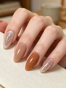 Semi-Cured Gel Nail Strips, 20 Pieces, Caramel Milk Tea Brown Gradient Glitter Nail Stickers, Maillard Warm Autumn Design Self-Adhesive Nail Decals For Daily Commute, Cafe Dates & Weekend Getaways - Mocha Brown - View 10