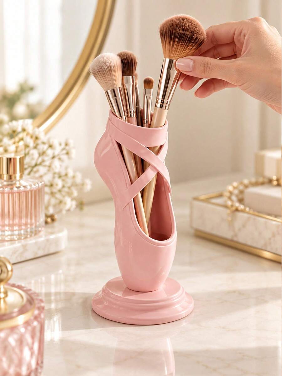 Ballet Theme Pink & White Cosmetic Storage Box, Multi-Functional Shoe Box/Pen Holder/Cosmetic Organizer, Suitable For Dance Studio Decoration, Desktop Storage, Makeup Brush Holder, Can Be Used As A Gift For Ballet Dancers, Also A Modern Home Decor Item For Dance Enthusiasts (Storage Box Only, Makeup Brushes Not Included) - Multicolor - View 1