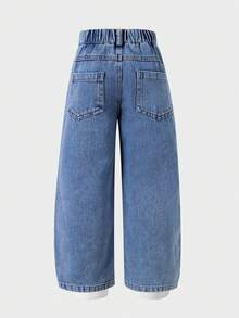 Girls' 3D Contrast Color Floral Decor Washed Semi-Elastic Waist Straight Leg Denim Jeans, Versatile For Daily Wear And Outings All Season - Medium Wash - View 2