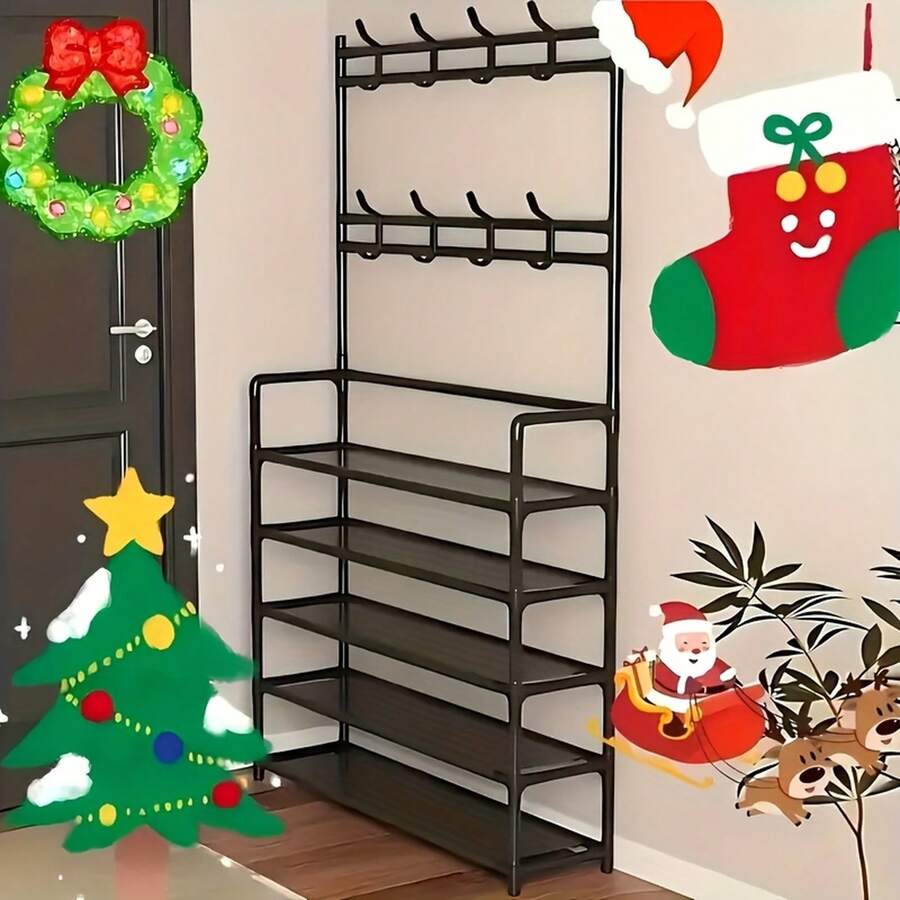 EZIFY Porte-chaussures et porte-manteaux autoportant 3 en 1, porte-manteaux en métal avec étagère à 5 niveaux et 8 crochets, pour l'entrée, le couloir ou le hall d'entrée. - Noir 60 cm - Voir 1