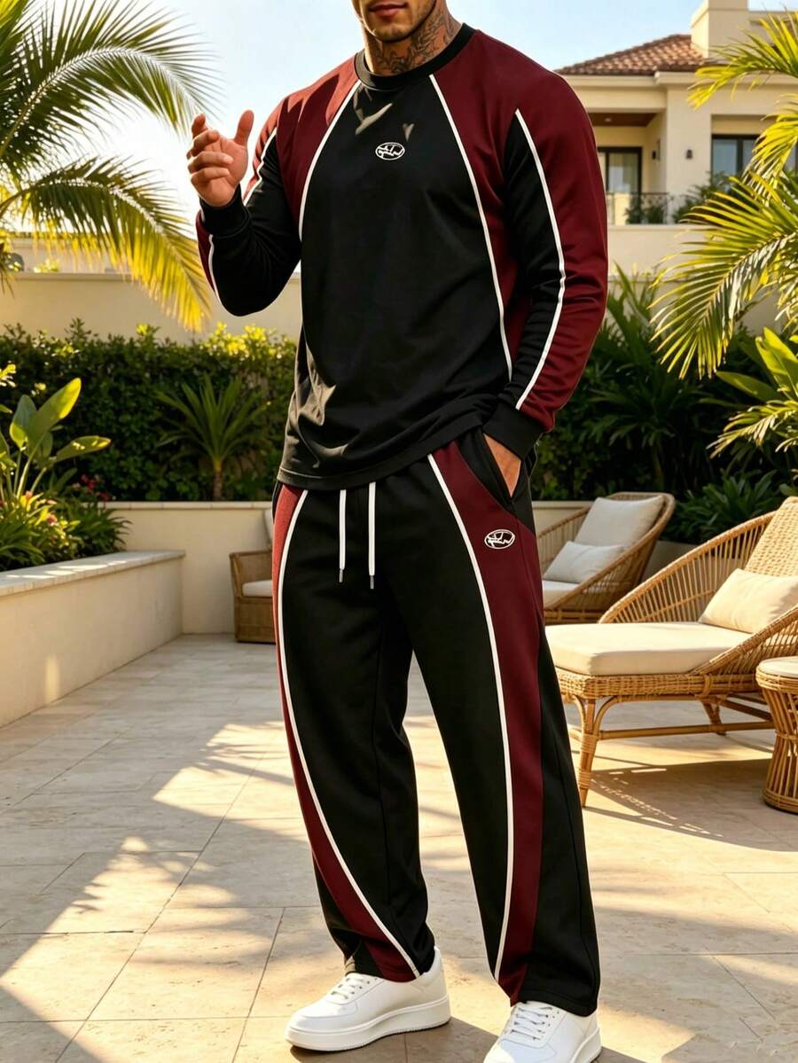Men's Colorblock Patchwork Long Sleeve Sweatshirt And Sweatpants Casual Set - Multicolor - View 1