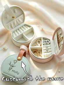 1pc Customized Small Jewelry Box, Personalized Engraved Name And Birthday Flower Travel Jewelry Box, Faux Leather Portable Ring & Earring Storage Box, Mini Jewelry Organizer, Ideal Gift For Women, Travel Jewelry Storage Box - Multicolor - View 2