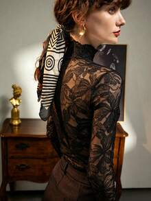 2026 Spring/Summer New Brushed Lace High Neck Inner Layer Base Top Sheer Floral Crochet Elegant Long Sleeve Pretty Blouse For Women - Black - View 3