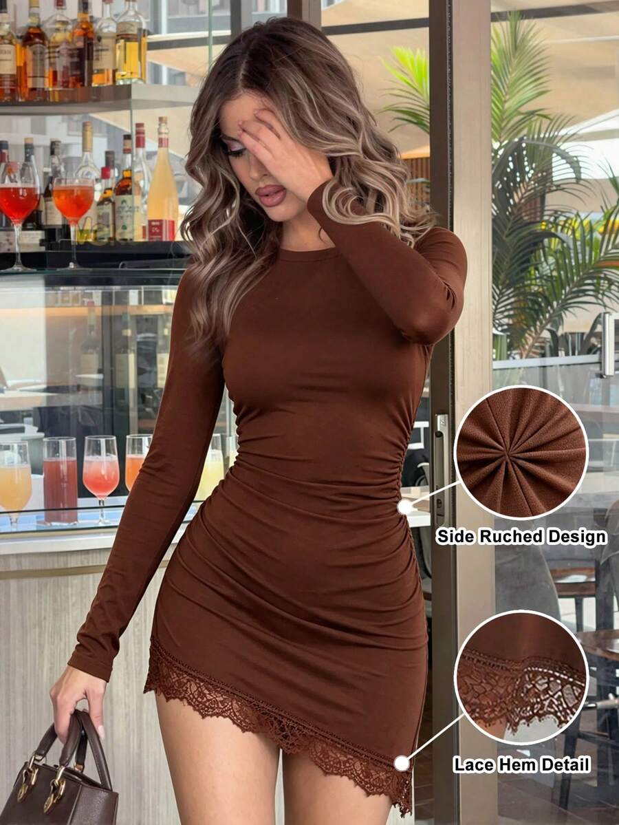 Women's Elegant Brown Autumn Fitted Dress, Long Sleeve Side Ruched Asymmetric Lace Hem, Exquisite Mini Silhouette, Party & Outing Atmospheric Dress - Rust Brown - View 1