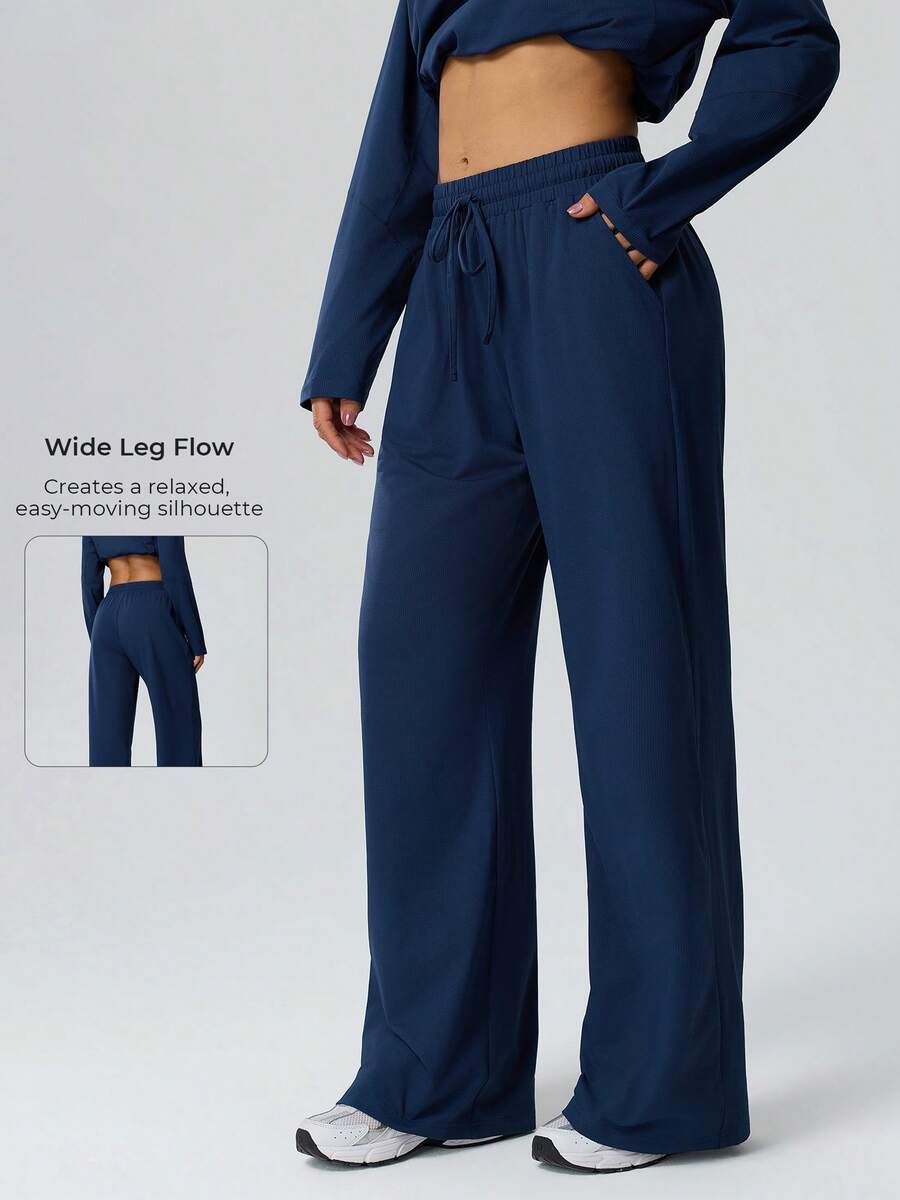 Women's Waffle Knit Drawstring Sweatpants, High Waist Loose Wide Leg With Pockets Long Pants, Autumn Casual Fitness Training Pants - Blue - View 1