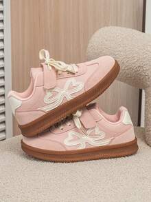 Kids Girls Sneakers, Hook‑Loop Closure German Training Shoes, Sweet Double‑Heart Bow, Breathable Upper, Thickened Insole, Wide Fit School Shoes - Pink - View 10