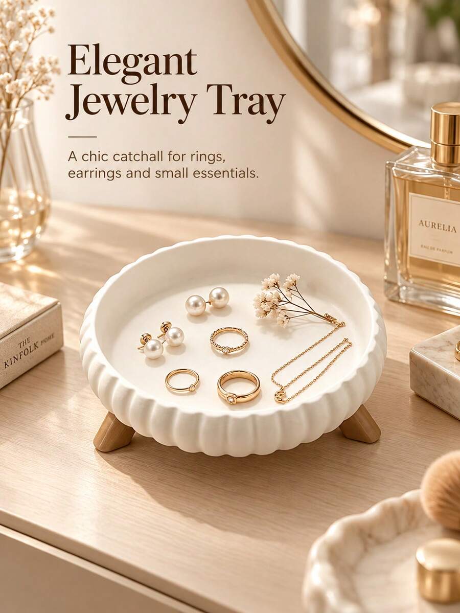 Round Ripple Storage Tray, Round Decorative Ornament Tray, Ring, Earring, And Necklace Storage Box With Scalloped Edge, Vanity Tabletop Jewelry Organizer, Suitable For Home Bedroom Decorative Ornaments, Non-Food Contact - Multicolor - View 1