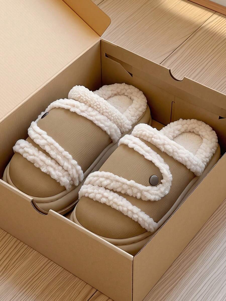 Women's Minimalist Home Slippers, Autumn/Winter Warm Bedroom Slip-On Thick Sole Plush Slippers - Light Brown - View 1
