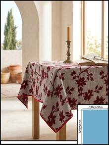 1pc Grey Background Deep Red Leaf Floral Pattern Tablecloth, Natural Vintage Style Fabric Material, Rectangular Red Polka Dot Hem Detail, Stain-Resistant Protection And Decorative Function, Suitable For Daily Home Dining Table And Natural Style Restaurant Decor - Red - View 18