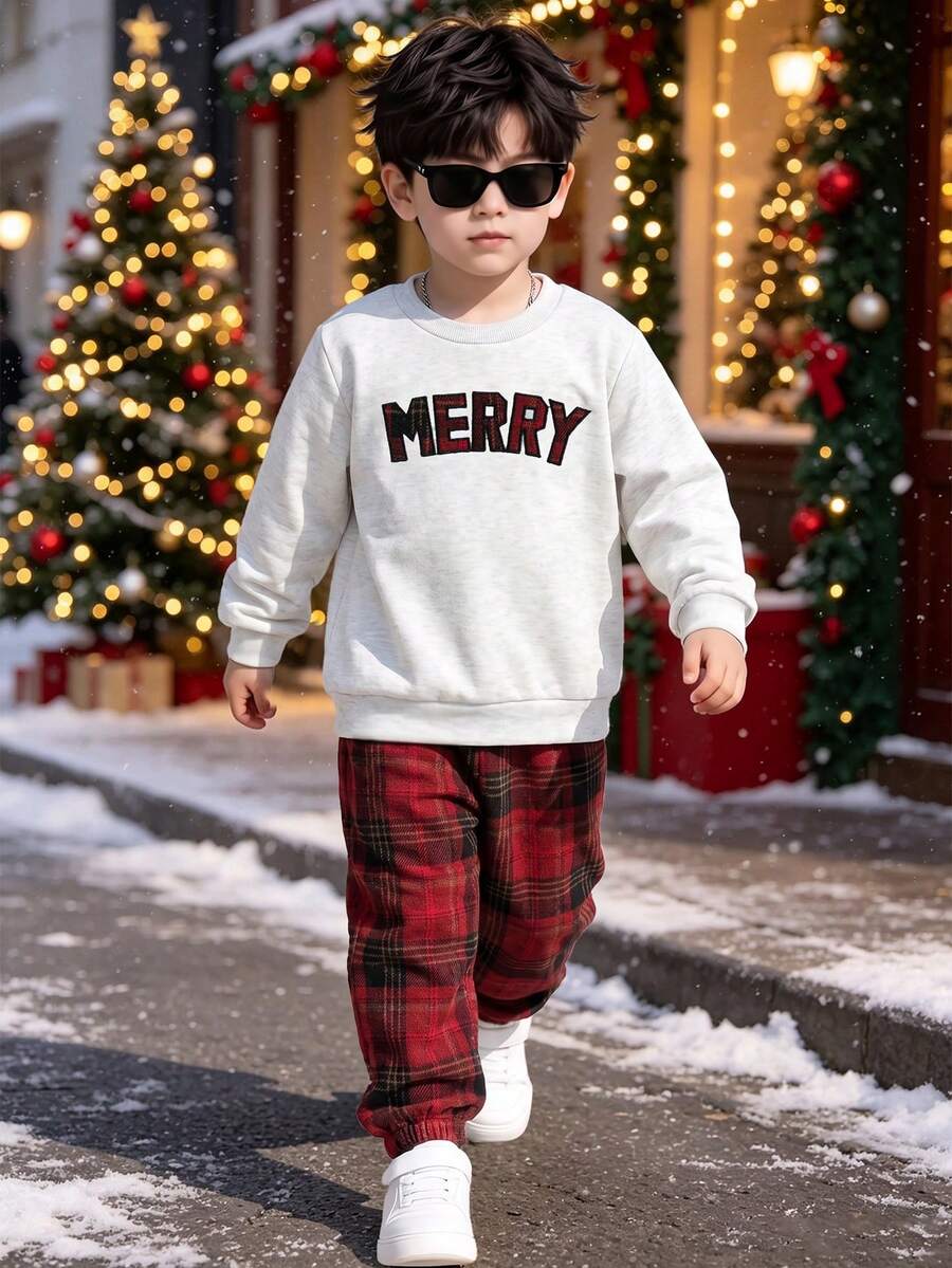 Setelan 2 Potong untuk Anak Laki-laki: Kaos Lengan Panjang Kerah Bulat dengan Motif Huruf Bordir dan Celana Jogger Kotak-kotak, Musim Gugur/Dingin - Light Grey - View 1