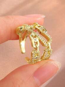 rakol 1pc Silver-Color Bar-Shaped Open Cubic Zirconia Decor Ring For Women - Gold - View 3