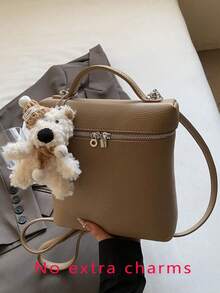 Handbag With Lychee Texture And Silver Metal Hardware Decoration, Dual-Use Hand-Carry And Crossbody, Zipper Closure, Minimalist Commuter Style, Box Handbag, Suitable For Urban Women's Work Commute And Short Trips, Square Structured Shape, Can Store Cosmetics, Phone And Other Personal Items. - Khaki - View 4