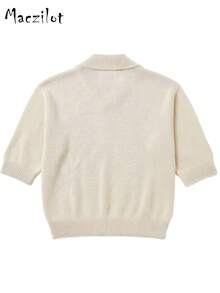 Plus Size Women Fall Winter Lapel V-Neck 3/4 Sleeve Pullover Sweater, Elegant Loose Knit Top For Commute & Datee - Beige - View 8