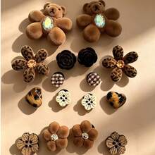 16 st vintage flockade skocharms med björn, leopardmönster och blomma, flockade strass, rutig knappdetalj, resin-accessoarer - Multifärgad - Visa 1