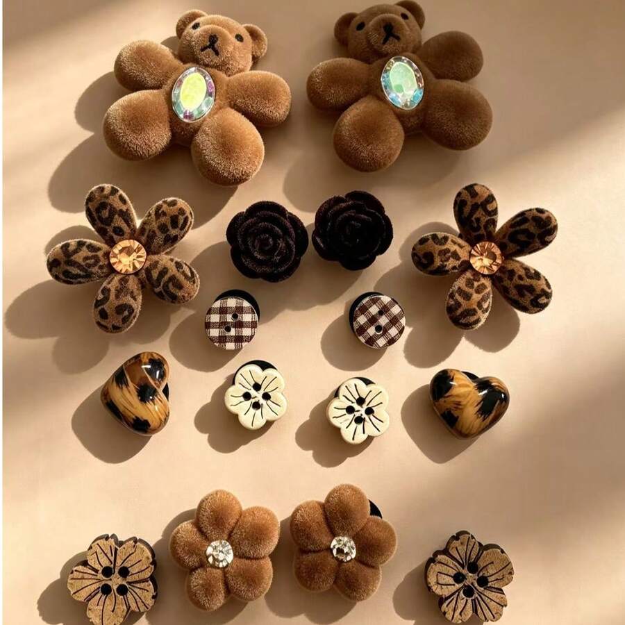 16 st vintage flockade skocharms med björn, leopardmönster och blomma, flockade strass, rutig knappdetalj, resin-accessoarer - Multifärgad - Visa 1